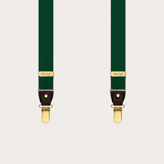 Narrow green silk suspenders with brown leather and gold clips