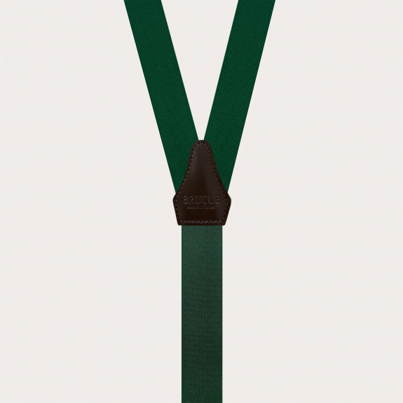 Green silk suspenders for buttons with contrasting dark brown leather