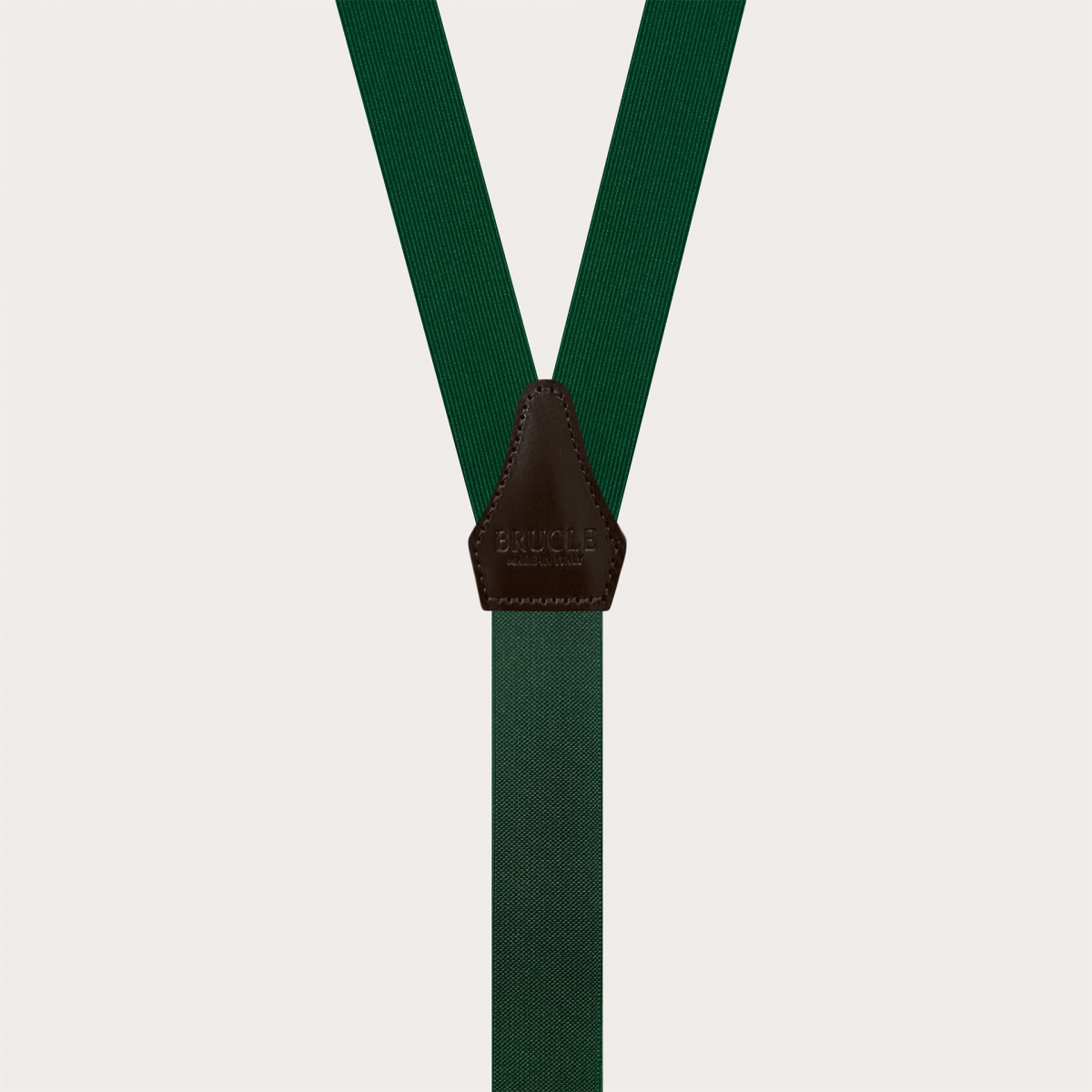 Green silk suspenders for buttons with contrasting dark brown leather