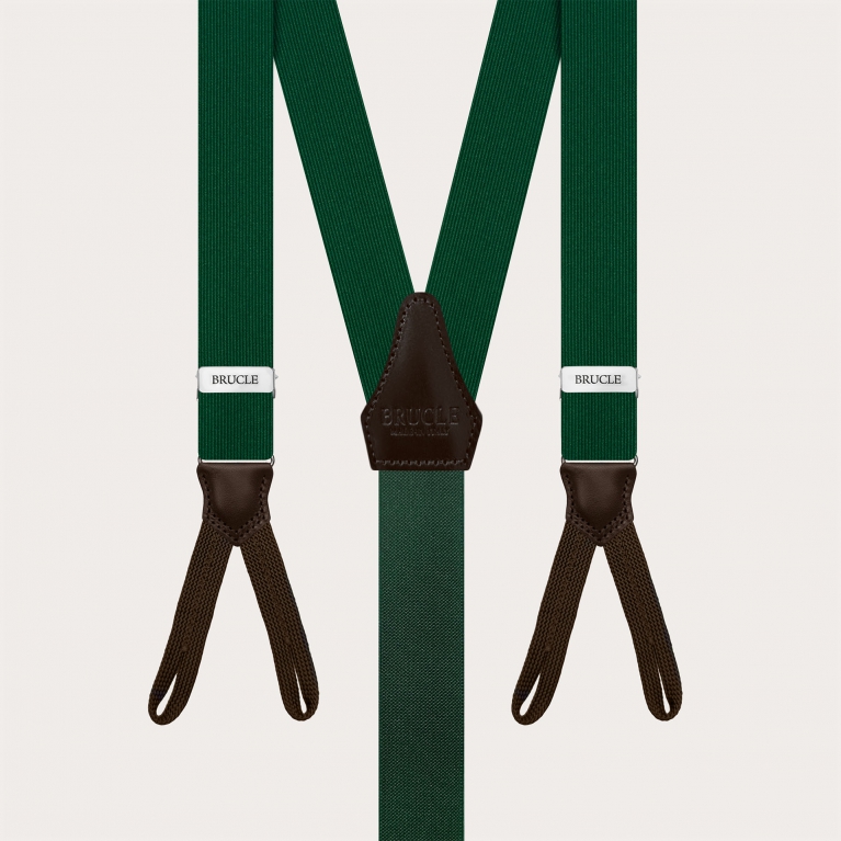 Green silk suspenders for buttons with contrasting dark brown leather