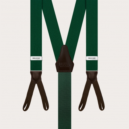 Green silk suspenders for buttons with contrasting dark brown leather