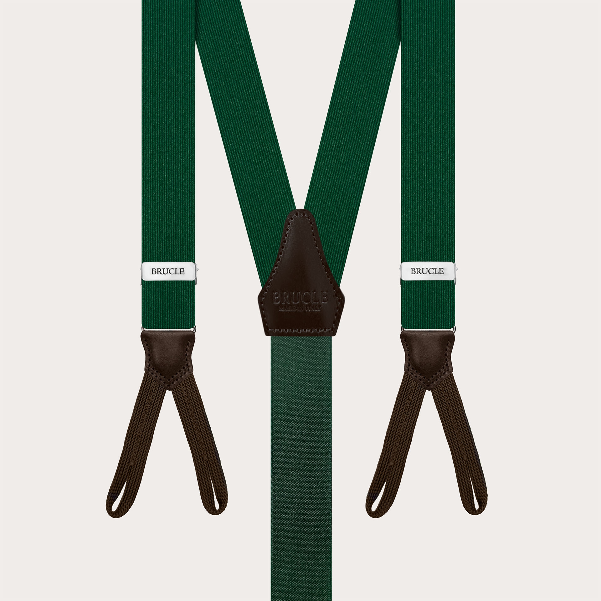 Green silk suspenders for buttons with contrasting dark brown leather