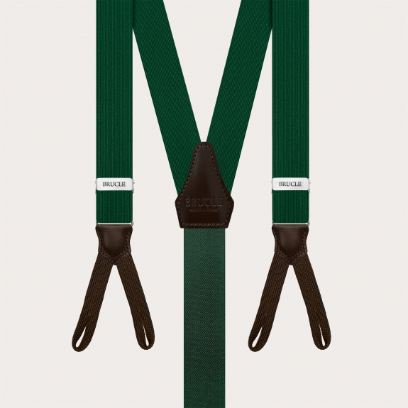 Green silk suspenders for buttons with contrasting dark brown leather