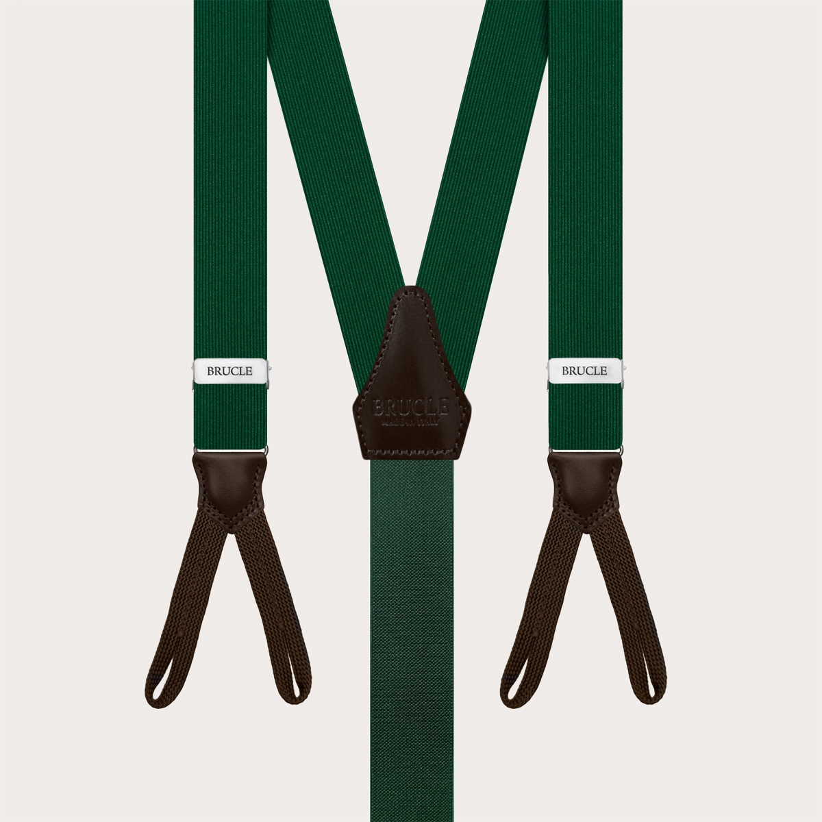 Green silk suspenders for buttons with contrasting dark brown leather