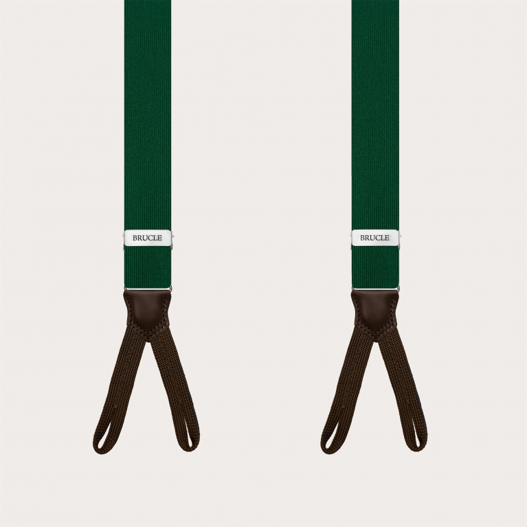 Green silk suspenders for buttons with contrasting dark brown leather