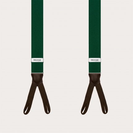 Green silk suspenders for buttons with contrasting dark brown leather