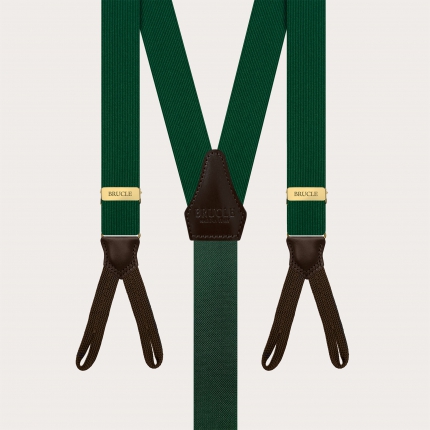 Green silk suspenders for buttons with dark brown contrast leather