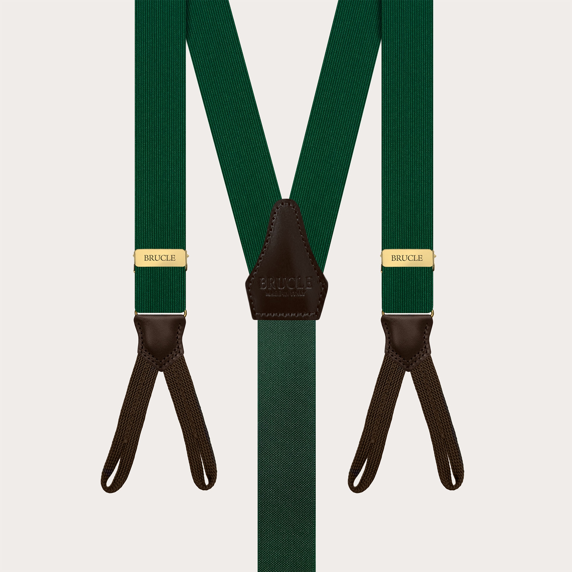 Green silk suspenders for buttons with dark brown contrast leather