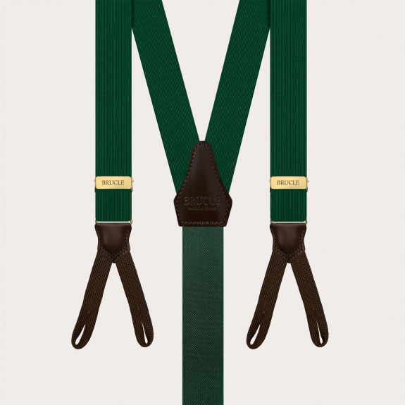 Green silk suspenders for buttons with dark brown contrast leather