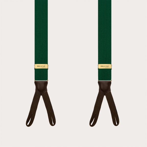 Green silk suspenders for buttons with dark brown contrast leather