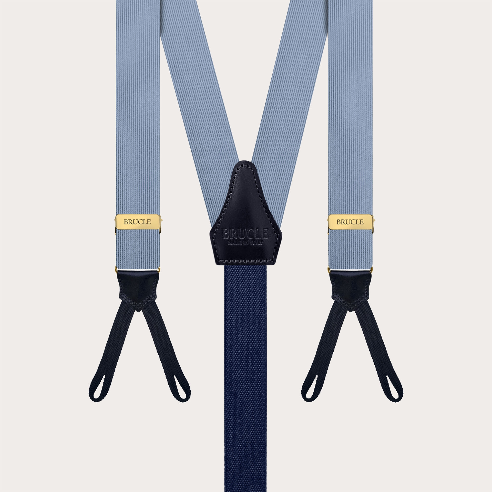 Light blue silk suspenders for buttons with loops and gold adjusters