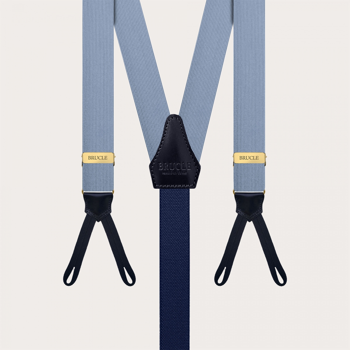 Light blue silk suspenders for buttons with loops and gold adjusters