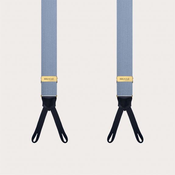 Light blue silk suspenders for buttons with loops and gold adjusters