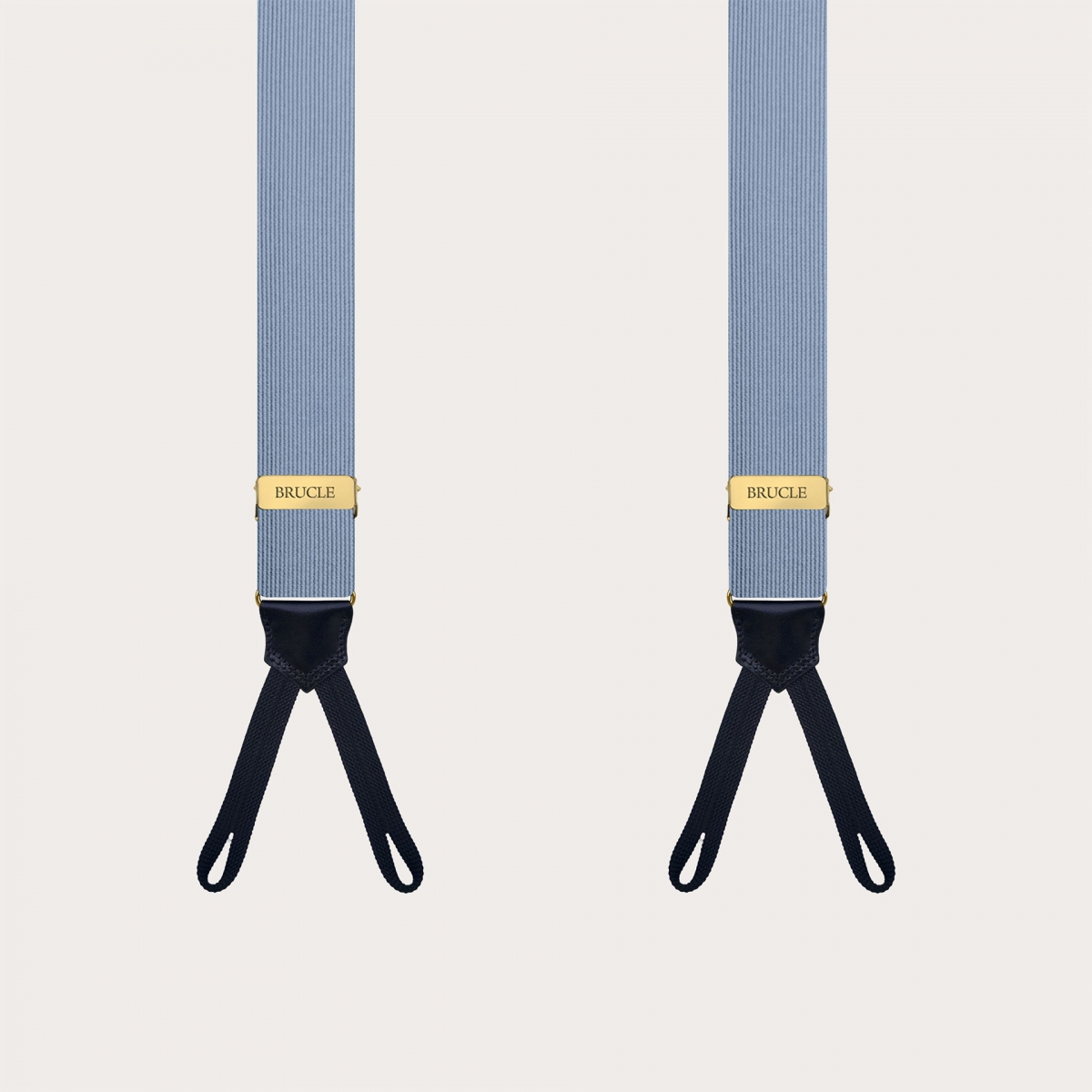 Light blue silk suspenders for buttons with loops and gold adjusters