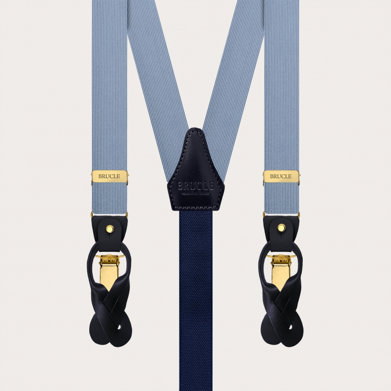 Elegant thin blue silk suspenders with gold metal parts