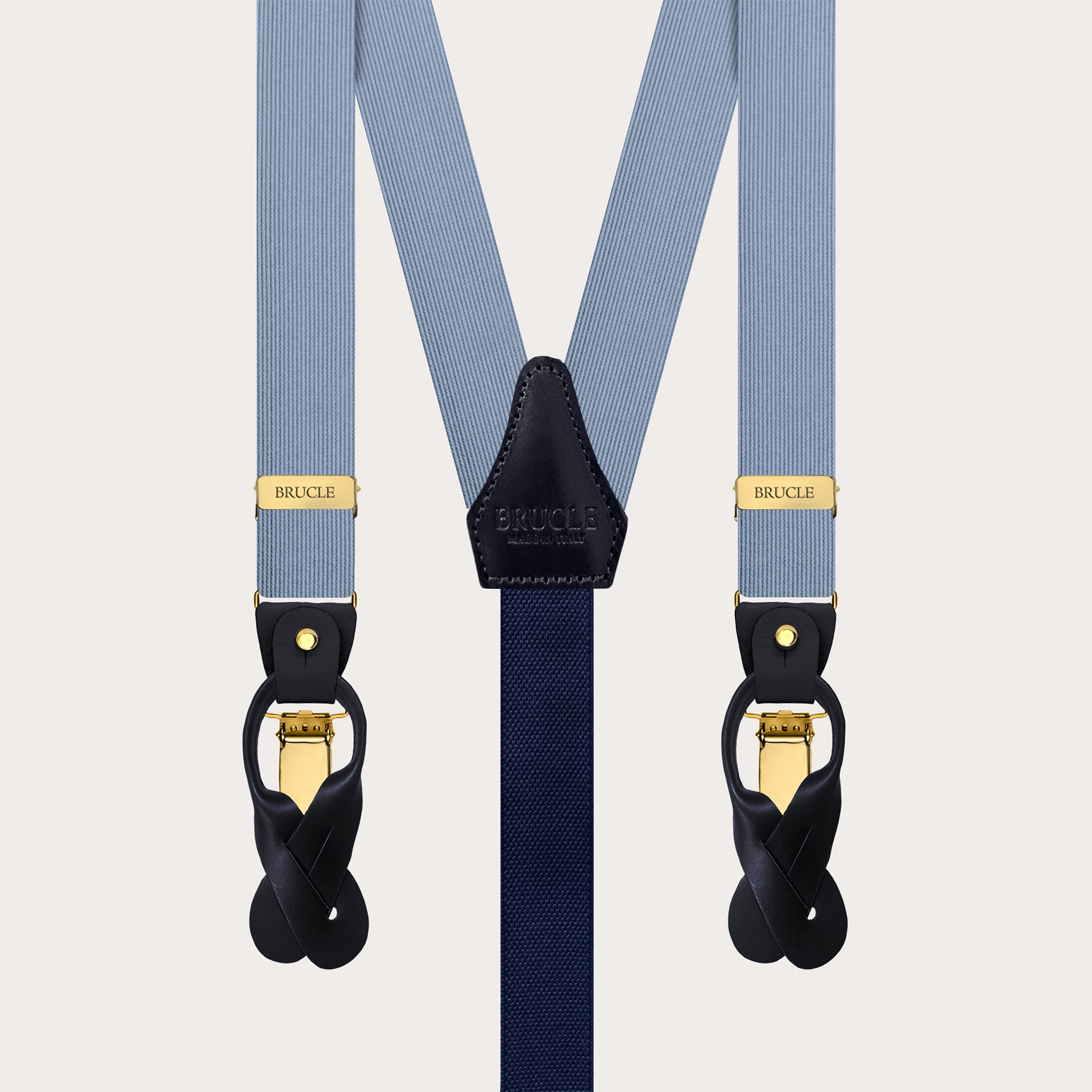 Elegant thin blue silk suspenders with gold metal parts