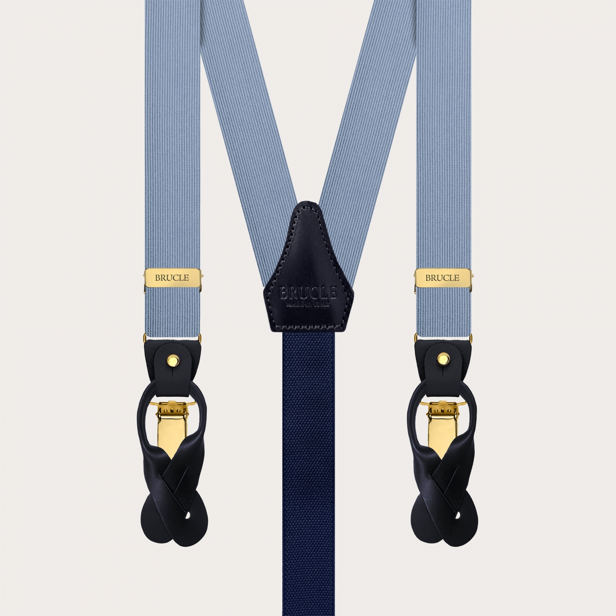 Elegant thin blue silk suspenders with gold metal parts