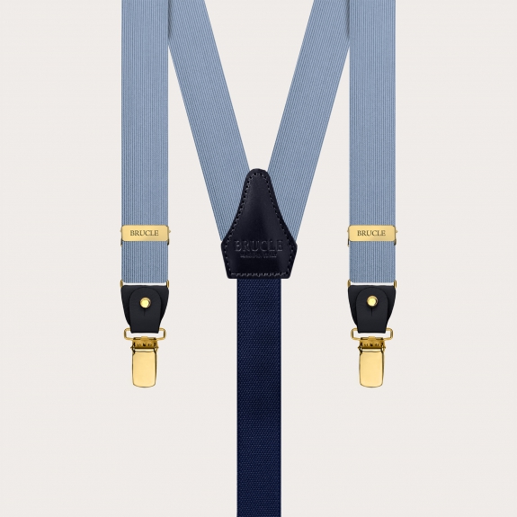 Elegant thin blue silk suspenders with gold metal parts