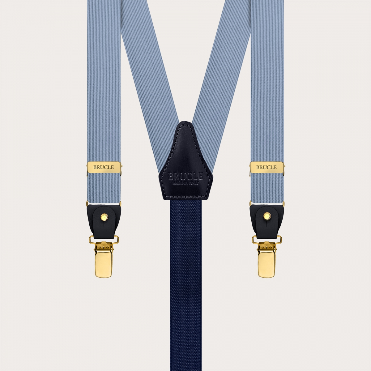 Elegant thin blue silk suspenders with gold metal parts