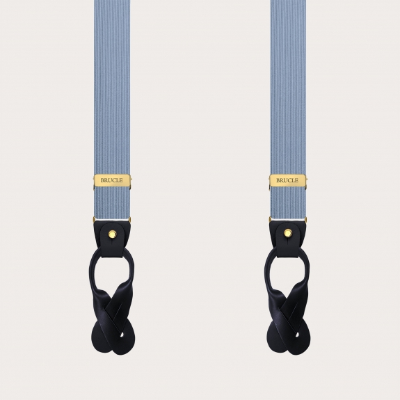 Elegant thin blue silk suspenders with gold metal parts