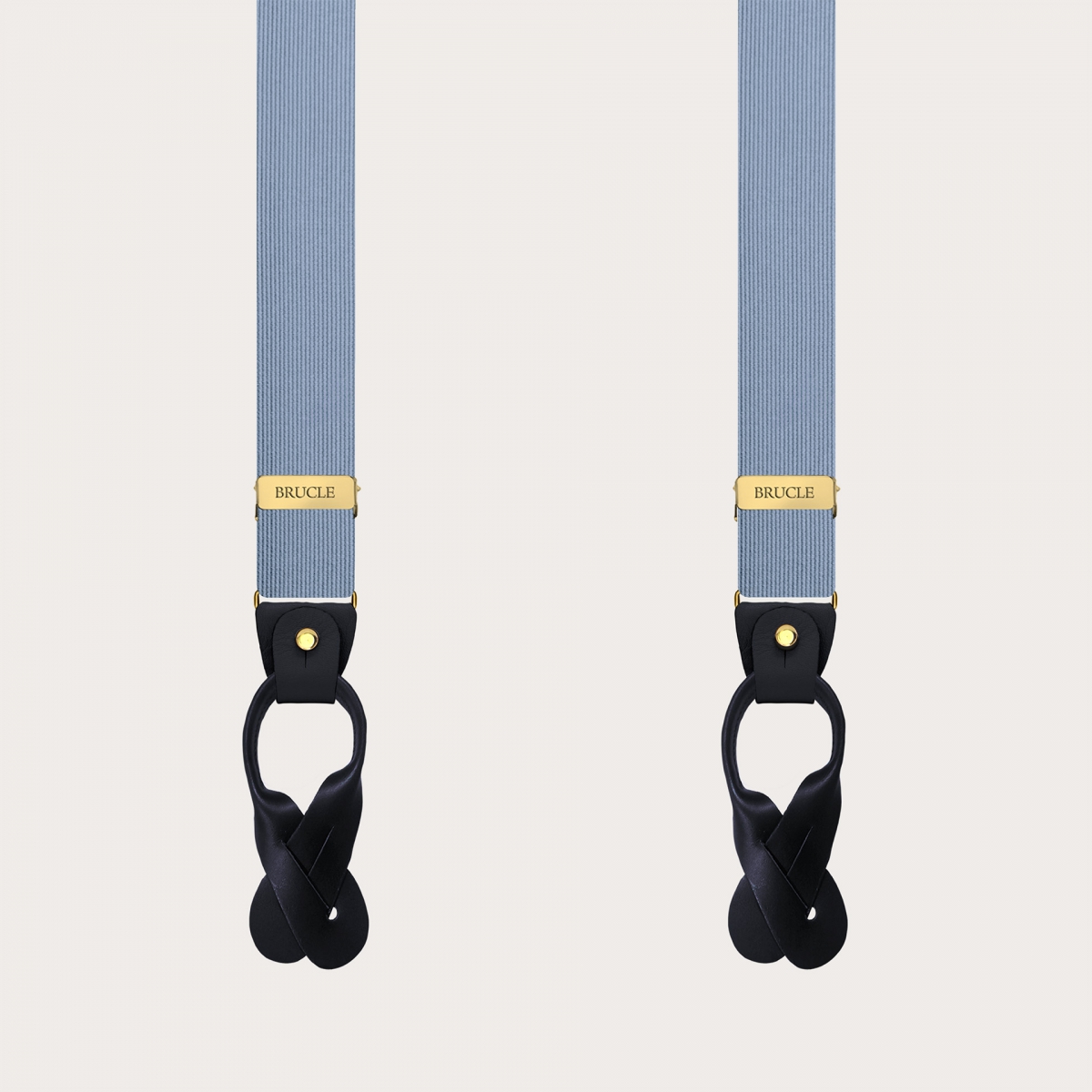 Elegant thin blue silk suspenders with gold metal parts