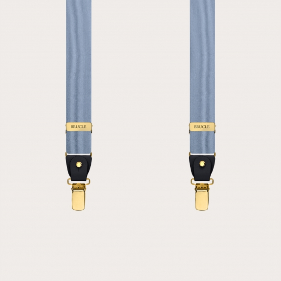 Elegant thin blue silk suspenders with gold metal parts