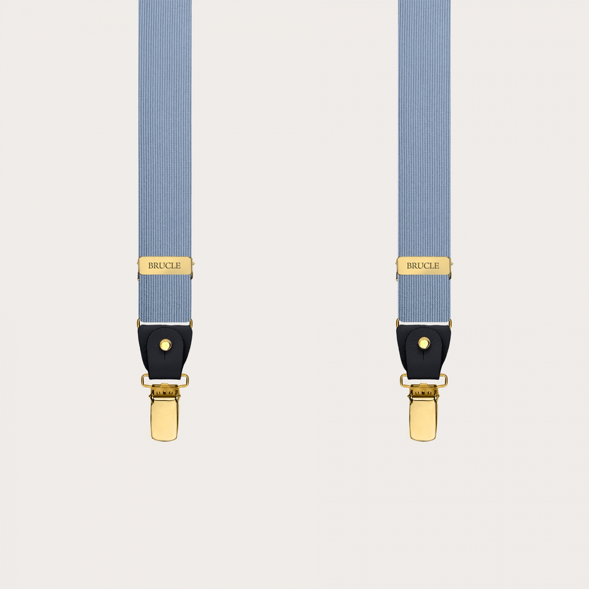 Elegant thin blue silk suspenders with gold metal parts