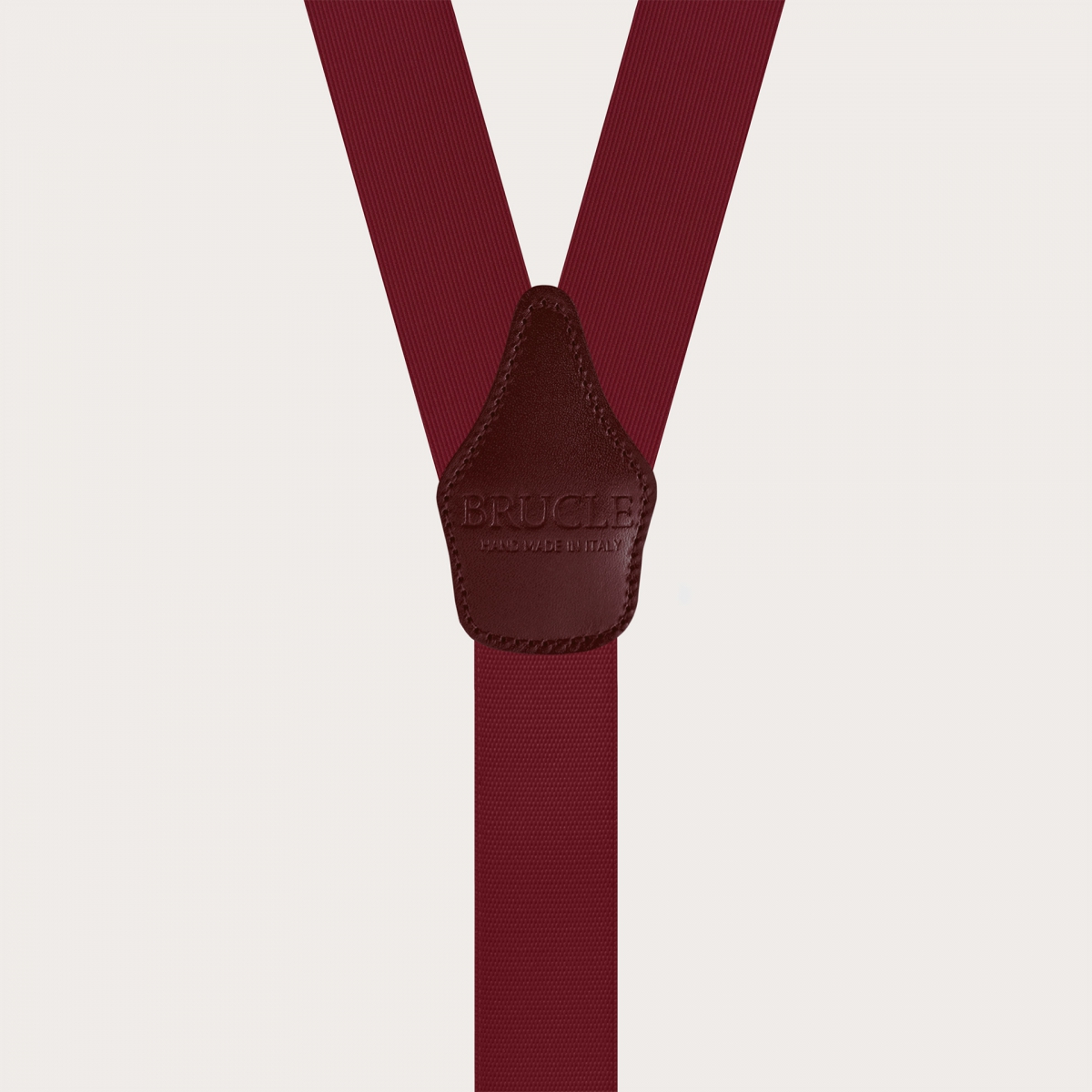 Bretelle uomo in seta bordeaux con pelle in tinta e clip argento