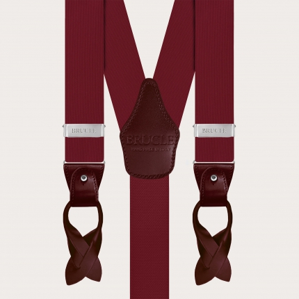 Men's suspenders in burgundy silk with matching leather and silver clips.