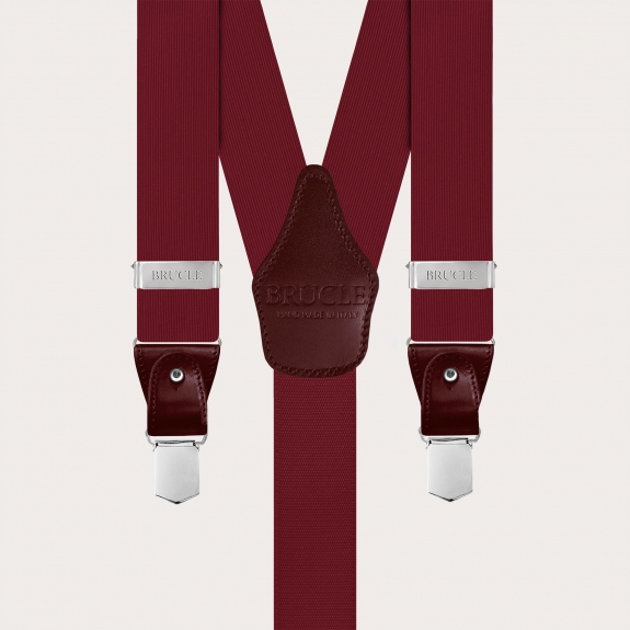 Men's suspenders in burgundy silk with matching leather and silver clips.