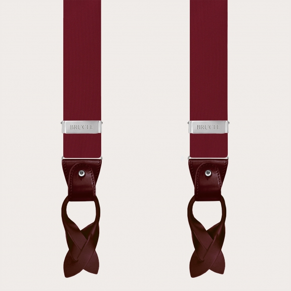 Men's suspenders in burgundy silk with matching leather and silver clips.