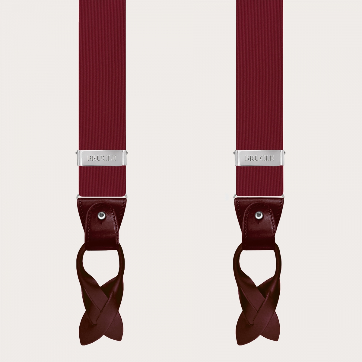 Men's suspenders in burgundy silk with matching leather and silver clips.