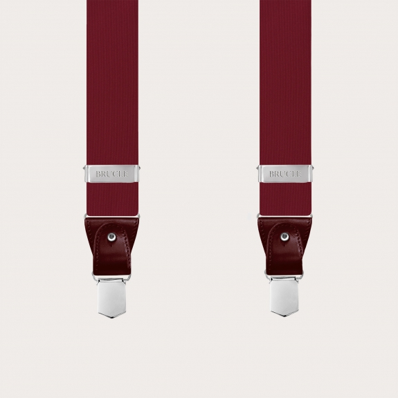 Men's suspenders in burgundy silk with matching leather and silver clips.