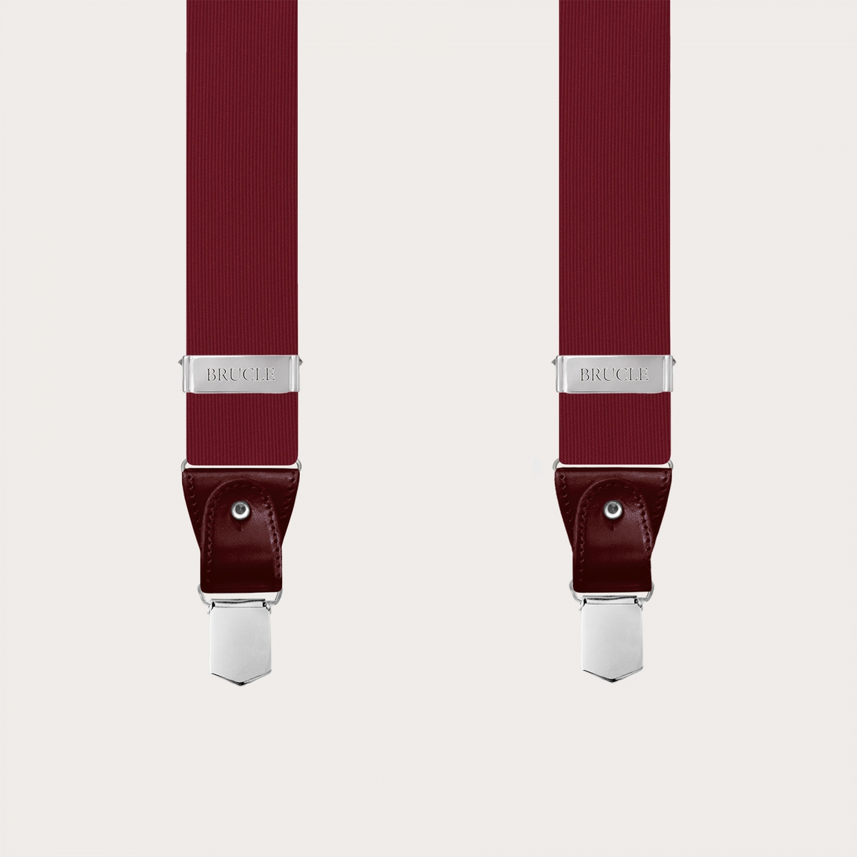 Men's suspenders in burgundy silk with matching leather and silver clips.