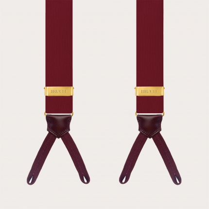 Burgundy silk suspenders with gold adjusters, button use