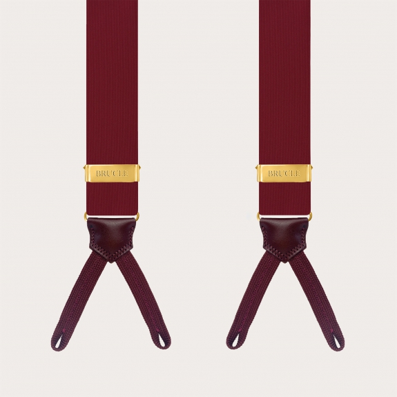 Burgundy silk suspenders with gold adjusters, button use