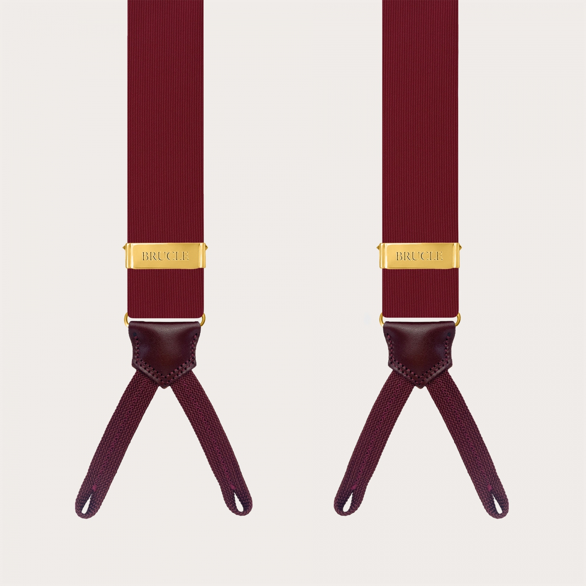 Burgundy silk suspenders with gold adjusters, button use