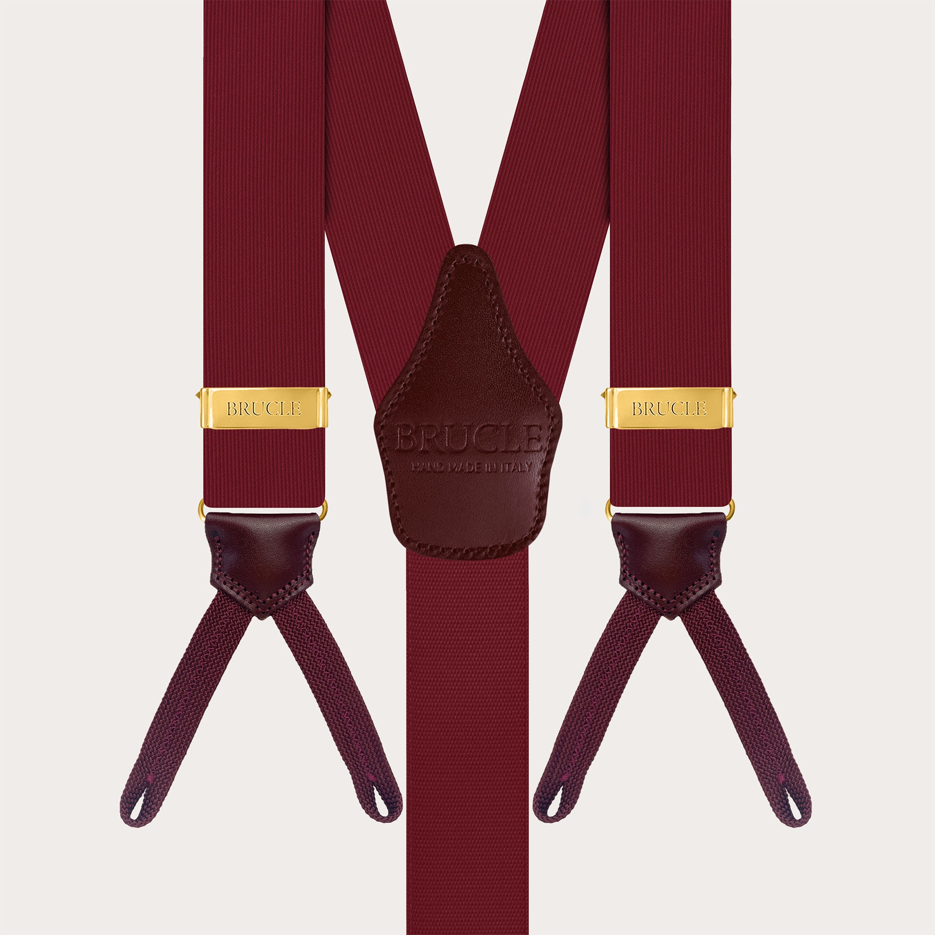 Burgundy silk suspenders with gold adjusters, button use