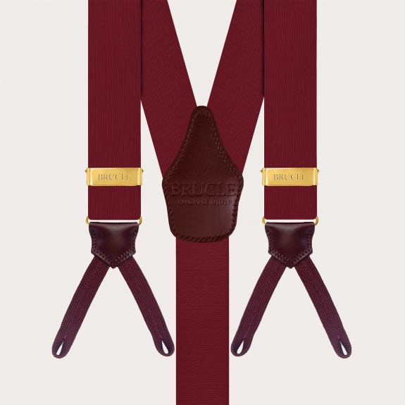 Burgundy silk suspenders with gold adjusters, button use