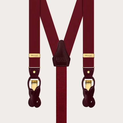 Burgundy silk suspenders with gold double-use clips