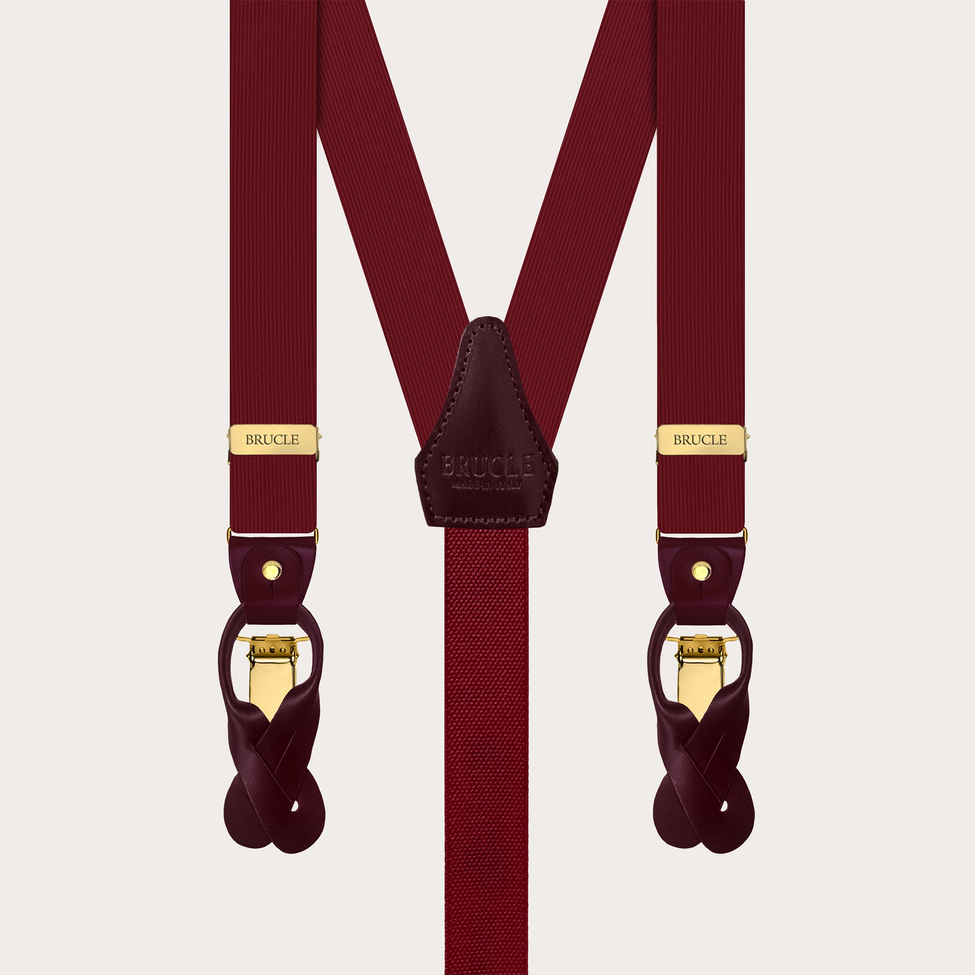 Burgundy silk suspenders with gold double-use clips