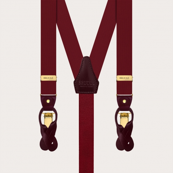 Burgundy silk suspenders with gold double-use clips