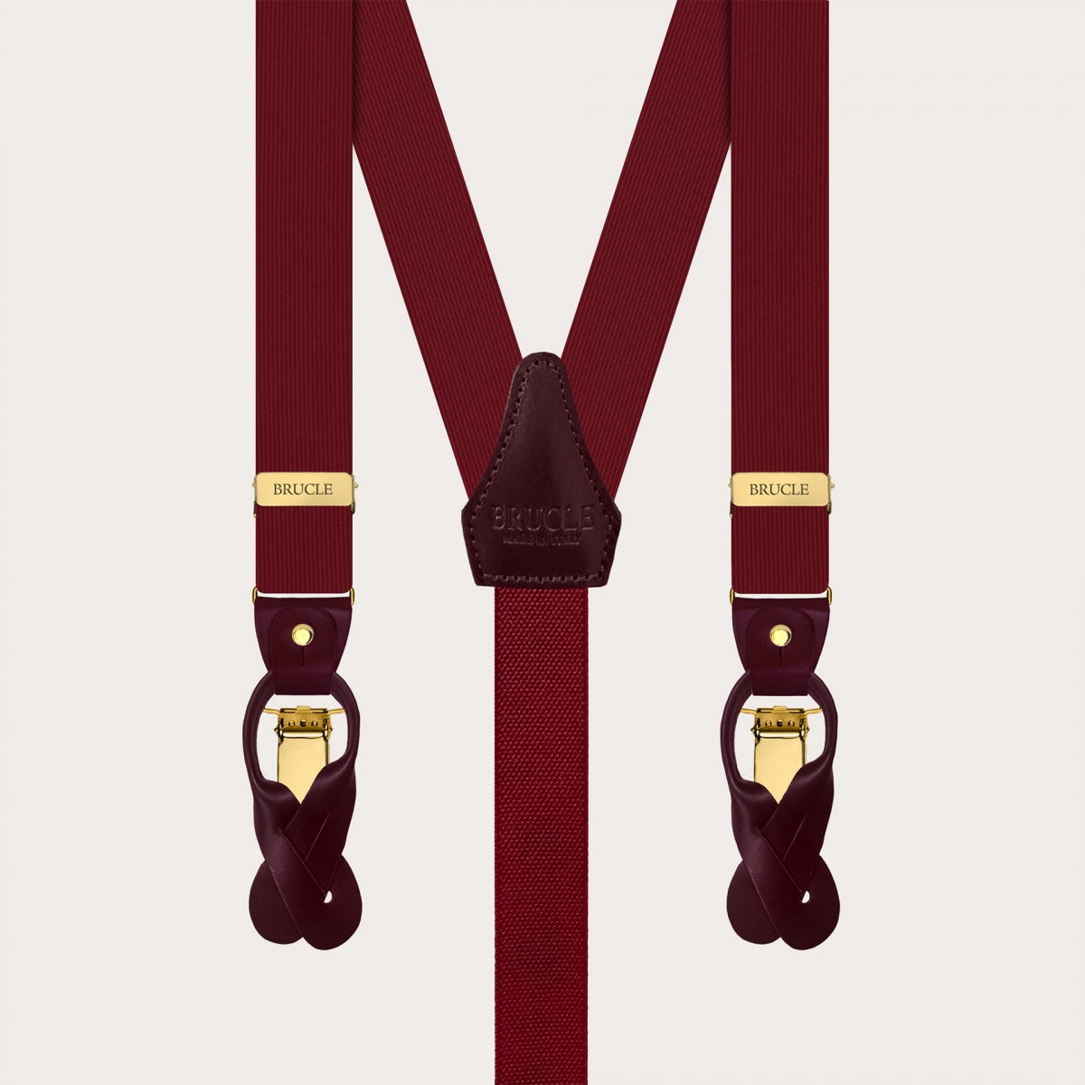 Burgundy silk suspenders with gold double-use clips