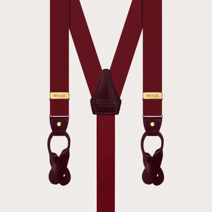 Burgundy silk suspenders with gold double-use clips