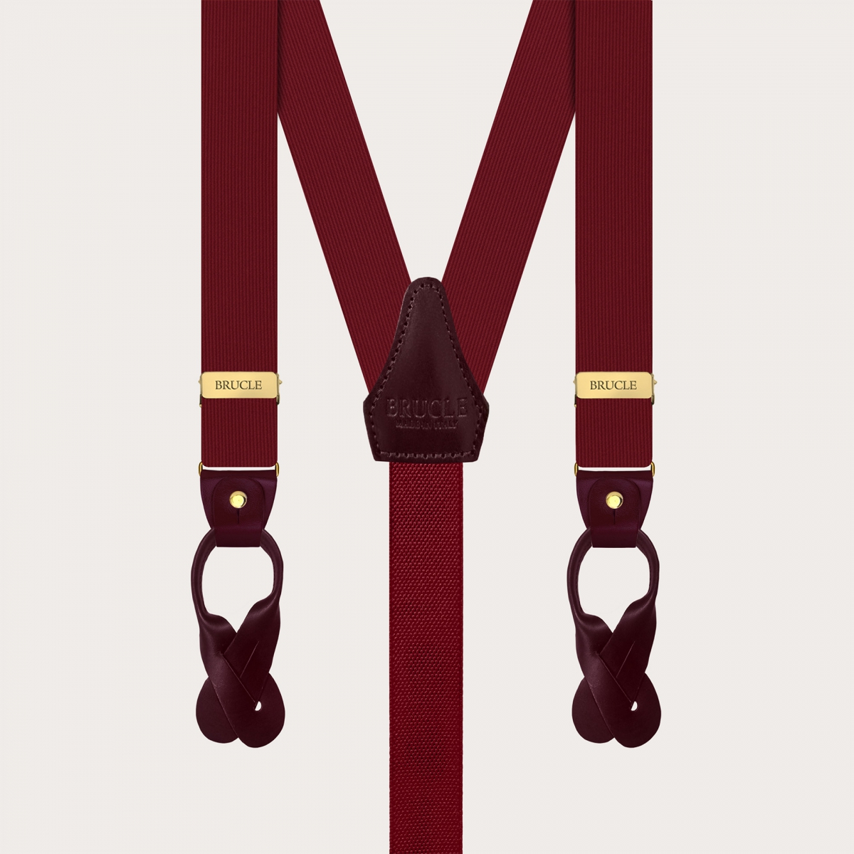 Burgundy silk suspenders with gold double-use clips