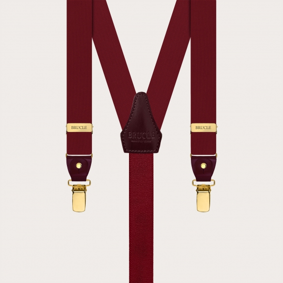 Burgundy silk suspenders with gold double-use clips