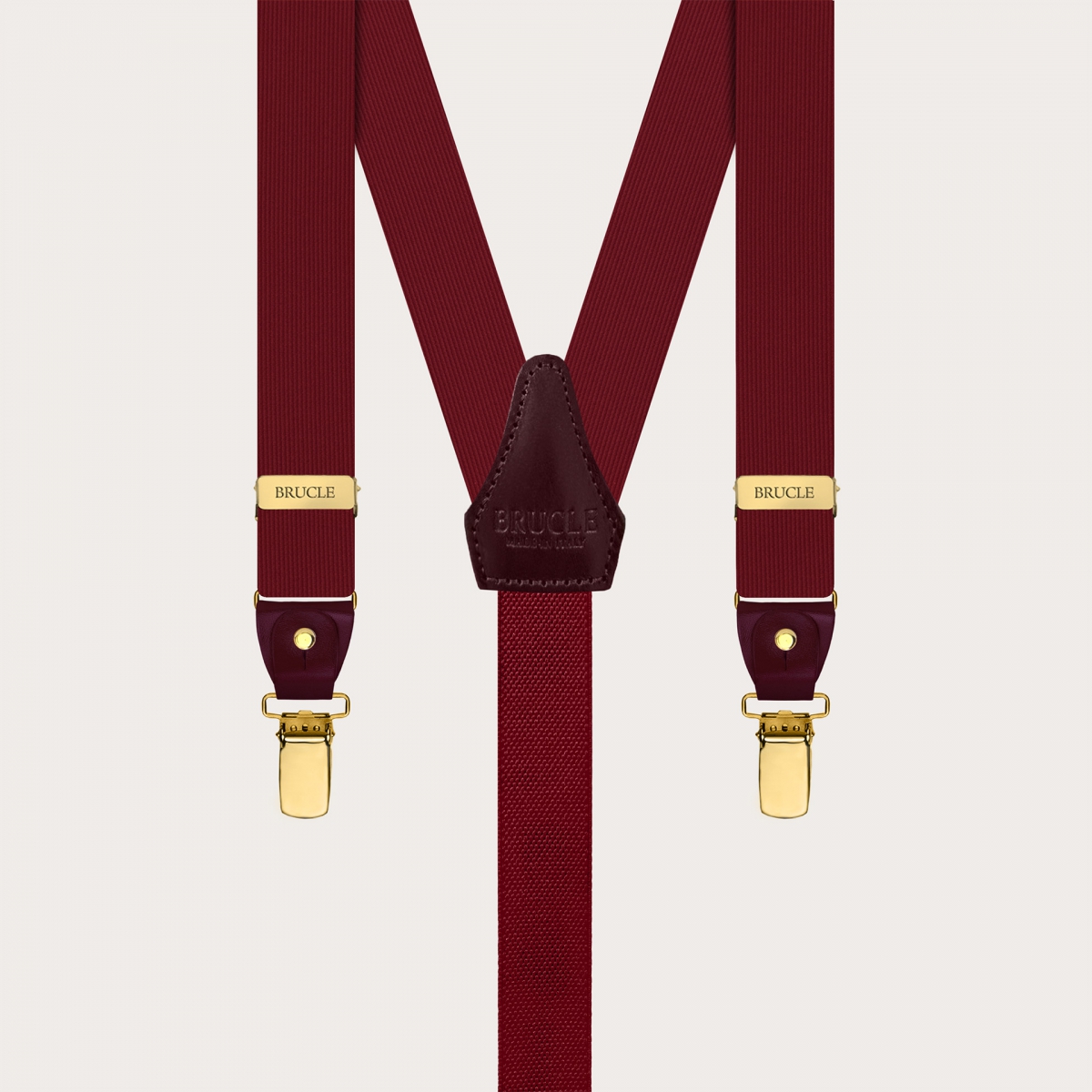 Burgundy silk suspenders with gold double-use clips