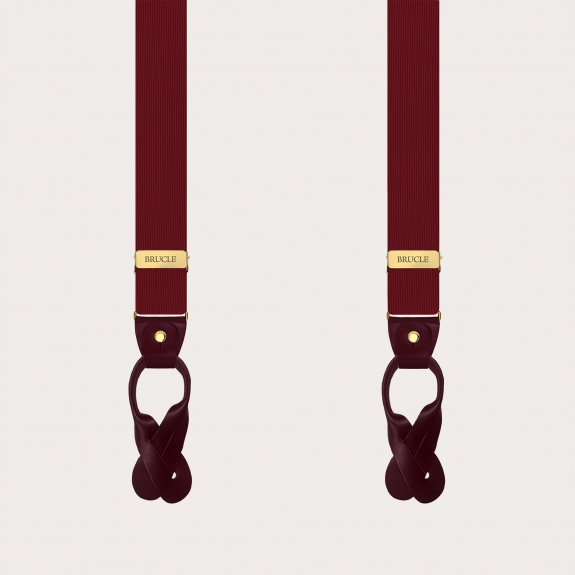 Burgundy silk suspenders with gold double-use clips