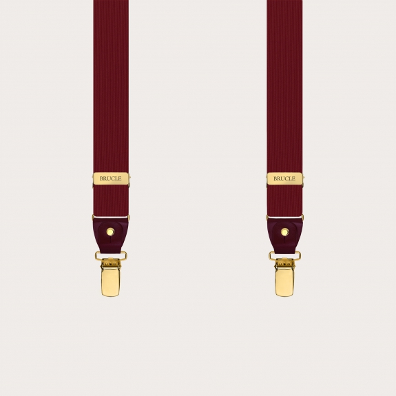 Burgundy silk suspenders with gold double-use clips