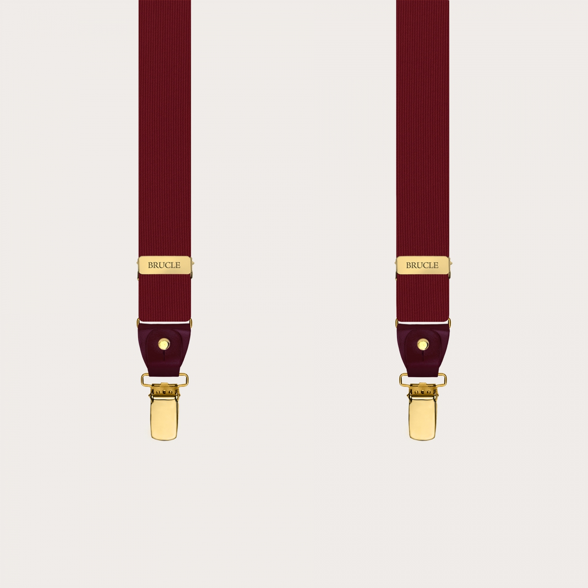 Burgundy silk suspenders with gold double-use clips